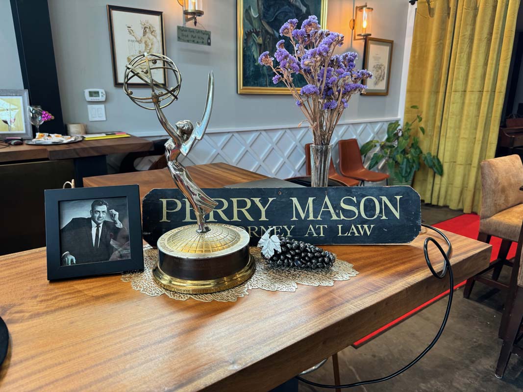 Perry Mason memorabilia and Emmy Award on display at Raymond Burr Vineyards tasting room in Dry Creek Valley, Sonoma County