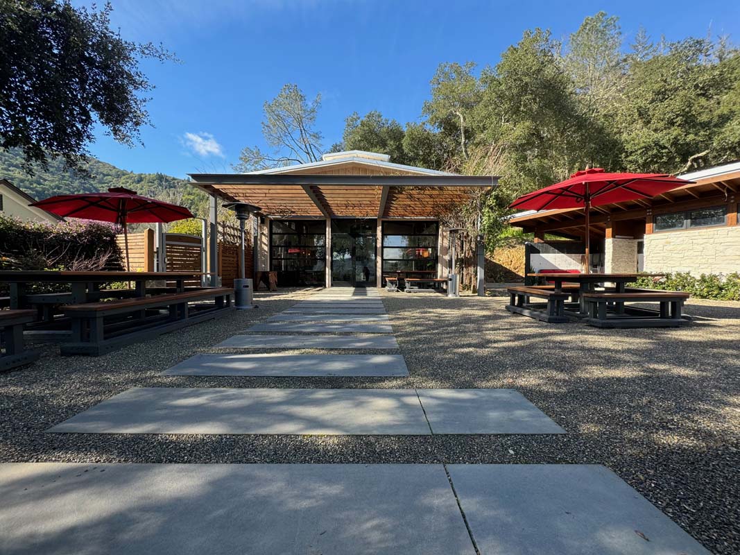 Outdoor patio at Raymond Burr Vineyards winery and tasting room in Dry Creek Valley near Healdsburg
