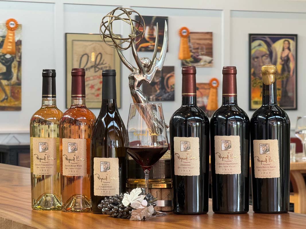 Award-winning Raymond Burr Vineyards wines from Dry Creek Valley displayed with Emmy Award and wine competition medals