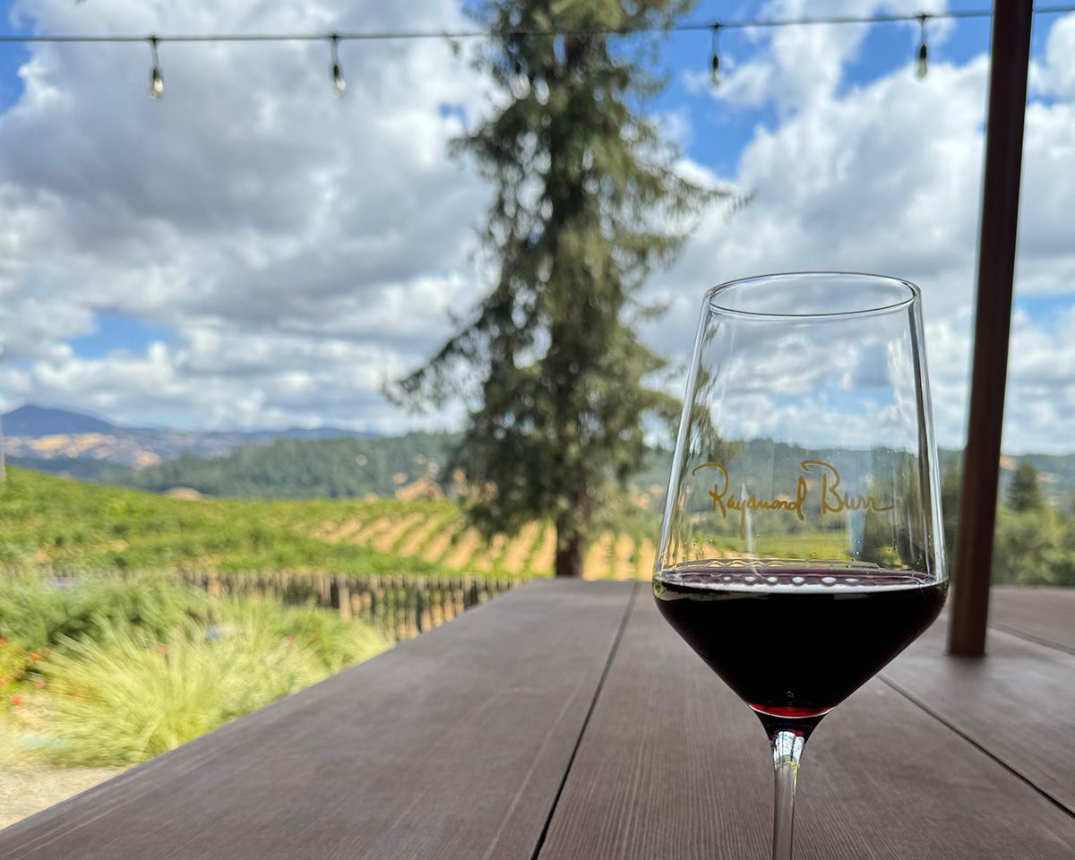 Raymond Burr Vineyards red wine close-up with vineyard views near Healdsburg Sonoma County